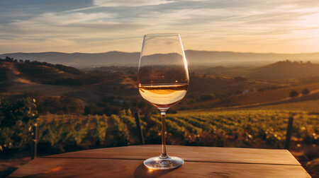 Glass of white wine on table in vineyard at sunset, Tuscany, Italyの素材