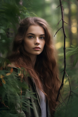 Portrait of a beautiful girl with long hair in the forest.の素材