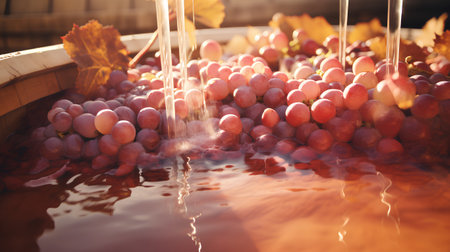 Red grapes in a wooden barrel on a background of autumn leaves.の素材