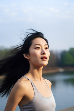 Portrait of beautiful asian woman with long black hair and blue sky backgroundの素材