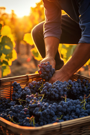 Harvesting of grapes in the vineyard at sunset. Close-up of a man holding a basket full of grapesの素材