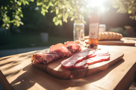 Prosciutto, salami and bread on a wooden boardの素材