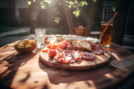 Breakfast in the garden. Ham, cheese, tomatoes and bread on a wooden board.の素材