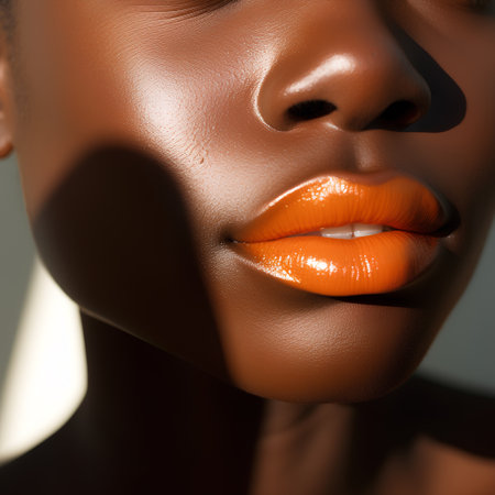 Close-up portrait of beautiful african-american woman with bright orange lipsの素材