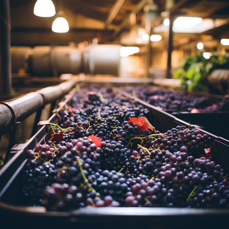 Bunches of grapes in a conveyor belt in a wineryの素材