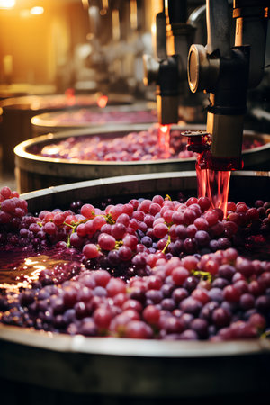 Bunch of grapes on a conveyor belt in a wineryの素材