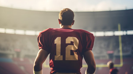 Rear view of a young American football player in red jersey standing at the stadium.の素材