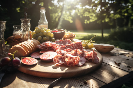 Prosciutto di Parma, salami, grapes, bread and wine on a wooden table in the gardenの素材
