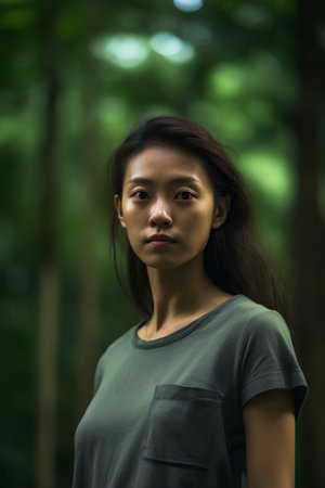 Asian woman in the forest looking at camera with green blurred background.の素材