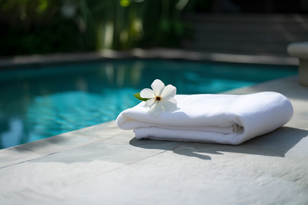 White towel with flower near swimming pool in hotel resort. Vacation conceptの素材