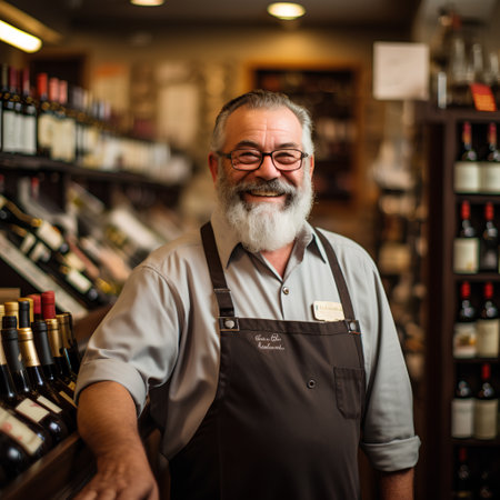 Portrait of a senior man working in a wine store, wearing apron and glasses.の素材