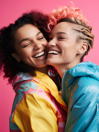 Cheerful young multiethnic women hugging and smiling while standing against pink backgroundの素材