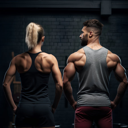 back view of sporty man and woman looking at each other in gymの素材
