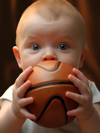 3D rendering of a cute baby boy with a basketball in his handsの素材