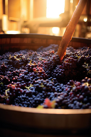 Grapes in a barrel on a winery. Winemaking conceptの素材