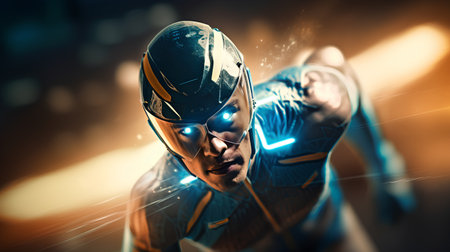 Cyborg man in helmet and glasses. 3d rendering toned imageの素材