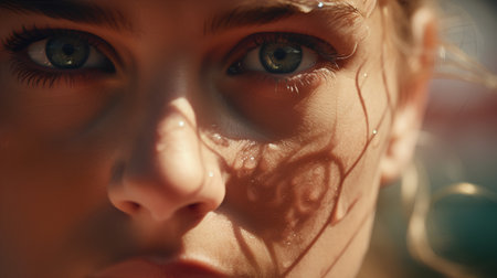 Close-up portrait of a beautiful girl with wet hair and green eyesの素材