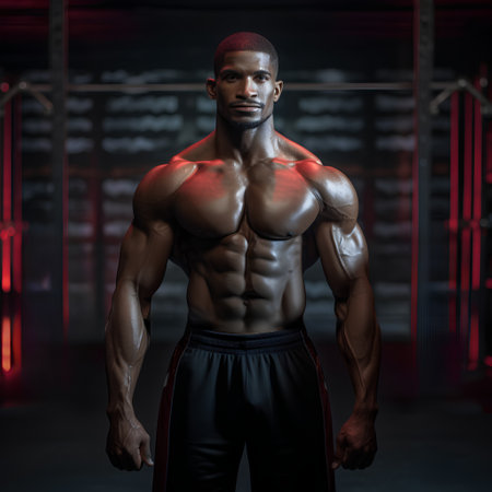 Handsome young African American man with muscular body posing in gym. Fitness and bodybuilding concept. Mixed mediaの素材