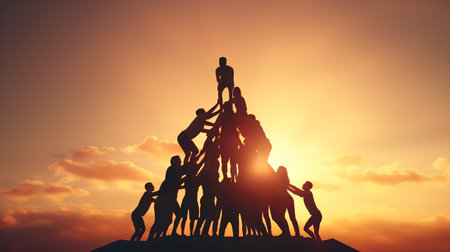 Silhouette of a group of people at the top of a mountain. Concept of teamwork.の素材