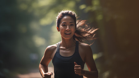 young fitness woman running at forest trail in the morning, asian beautyの素材