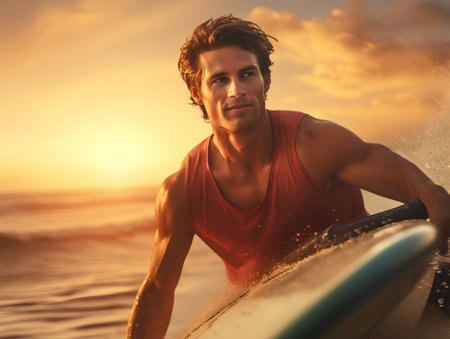 Portrait of a handsome young man with surfboard on the beach at sunsetの素材