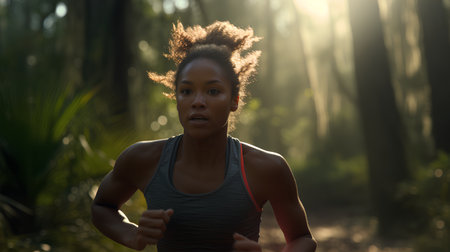 Young african american woman jogging in the forest at sunsetの素材