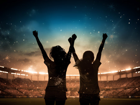 Silhouette of two happy girls with raised hands on the background of stadiumの素材
