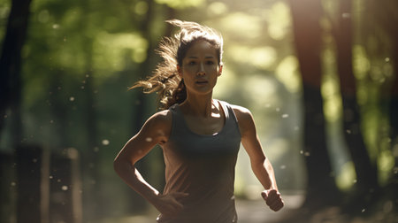Runner athlete running at forest trail. woman fitness jogging workout wellness concept.の素材