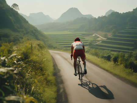 Cyclist riding on the road in the rice terraces.の素材