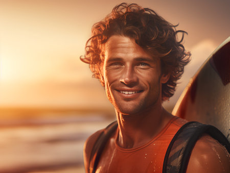 Portrait of a handsome young man with surfboard at sunset.の素材