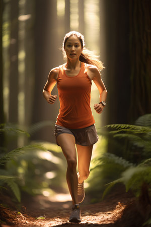 Young woman running in the forest. Healthy lifestyle and fitness concept.の素材