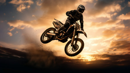 Motocross rider in action at sunset. 3D rendering.の素材
