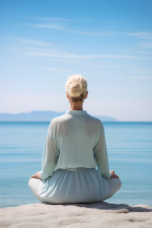 Woman meditating in lotus position on the beach, rear viewの素材