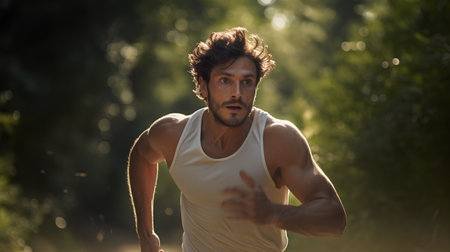Young man running in the park. Sport and healthy lifestyle concept.の素材