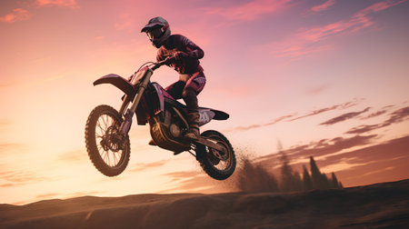 Motocross rider in action at sunset. 3d rendering.の素材