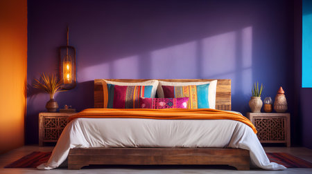 Interior of modern bedroom with orange walls, wooden floor and comfortable king size bed with colorful pillows. 3d renderの素材