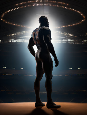 American football player in front of american football arena. 3D renderingの素材