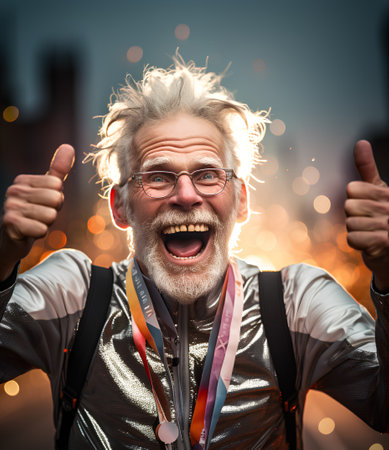 Cheerful senior man with a beard and glasses is showing thumbs up.の素材