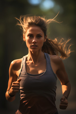 Athletic young woman running in forest. Healthy lifestyle and fitness concept.の素材