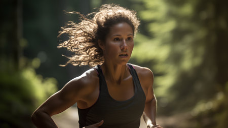 Athletic woman running in the forest. Fitness and healthy lifestyle.の素材