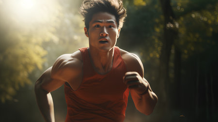 Young asian man jogging in the forest. Healthy lifestyle concept.の素材