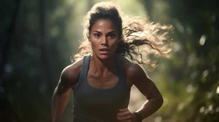 Sporty young woman running in the forest. Fitness and healthy lifestyle.の素材