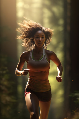 Young woman running in the forest. Fitness and healthy lifestyle concept.の素材