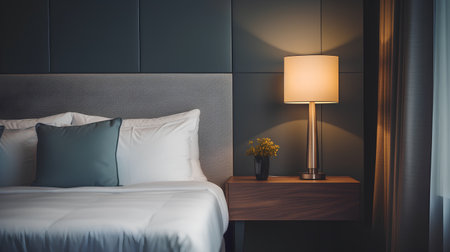 Lamp on the bed in the hotel bedroom. 3d renderingの素材