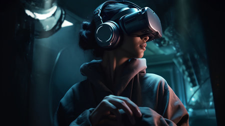 Portrait of a futuristic girl wearing virtual reality goggles. Future technology concept.の素材