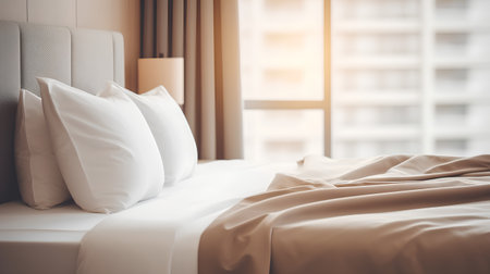 Pillow on bed in hotel bedroom interior with sunlight. 3D Renderingの素材