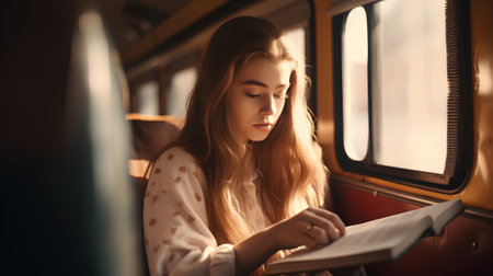 Beautiful young woman reading a book while traveling by train in the eveningの素材