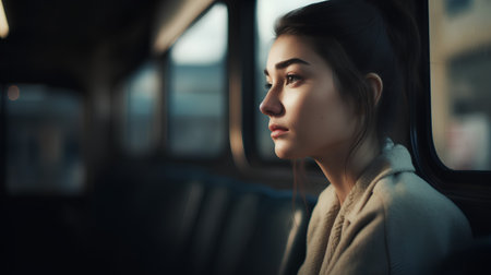 Portrait of a beautiful young woman in a bus. The girl looks out the window.の素材