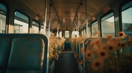 Interior of a train with a lot of flowers in the foregroundの素材