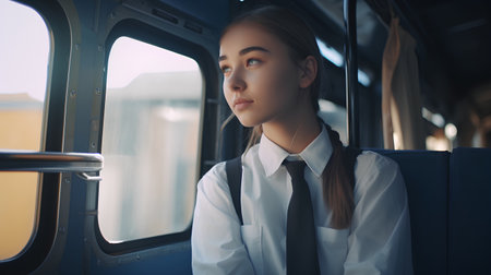 Portrait of a beautiful young girl in a white shirt and tie in a train.の素材